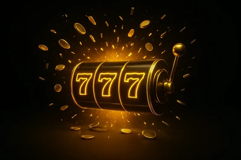Glowing slot reels with massive win, coins and confetti bursting outward
