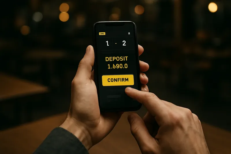 Man typing on smartphone with casino app and taka deposit confirmation