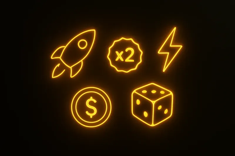 Glowing instant game icons floating in dark space with neon aura