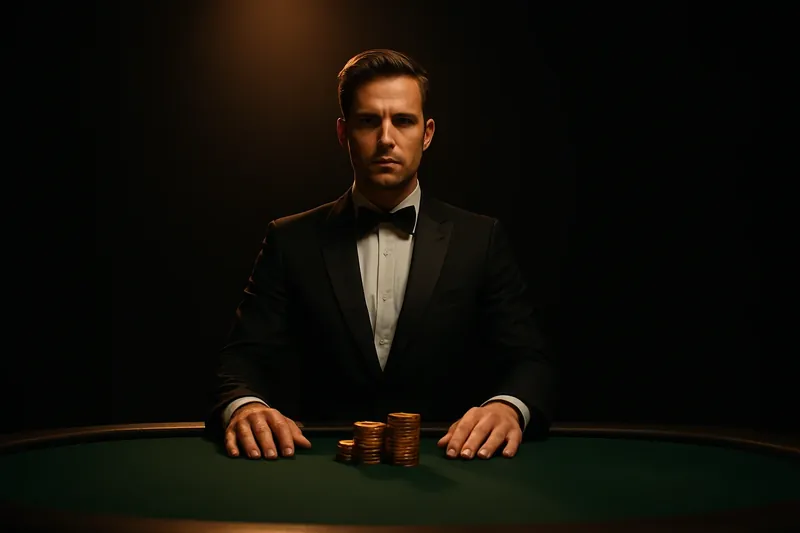 Professional dealer at green felt table with golden chips