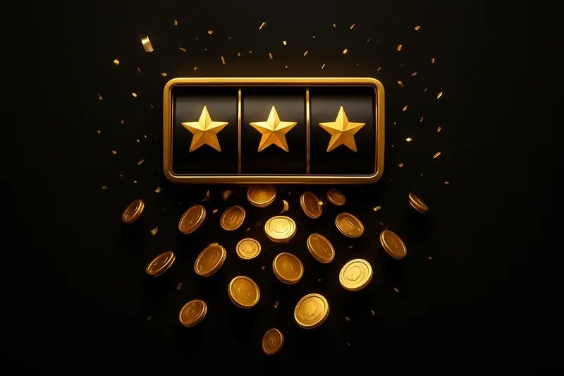 Golden coins raining over winning slot screen with stars and confetti